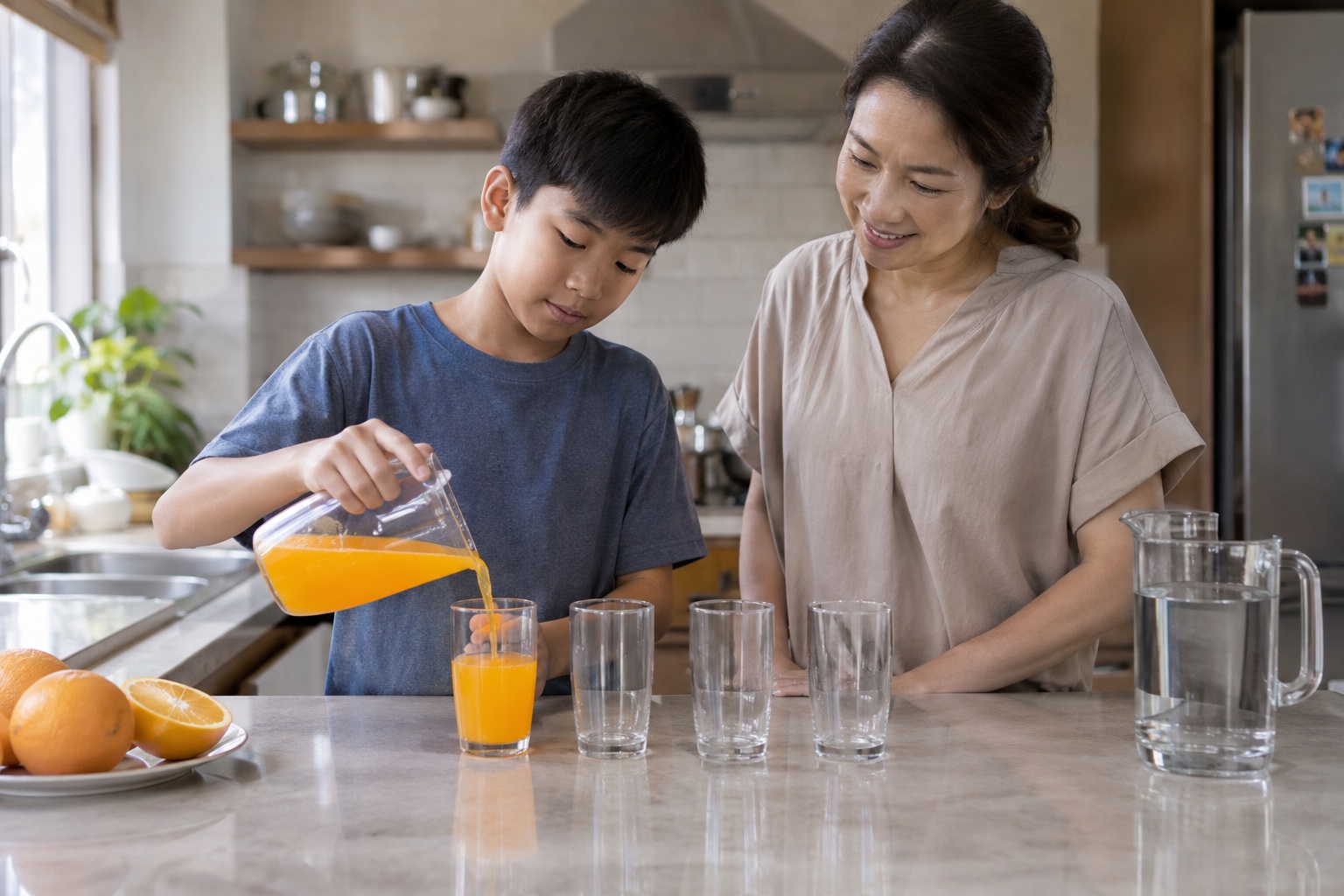 ภาพประกอบ: เด็กและแม่สำรวจสัดส่วนการผสมน้ำผลไม้